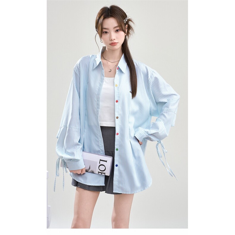 TC570-P45新款彩色纽扣系带条纹长袖防晒衬衫女薄款宽松衬衣外套，女装衬衫，星座617A-2