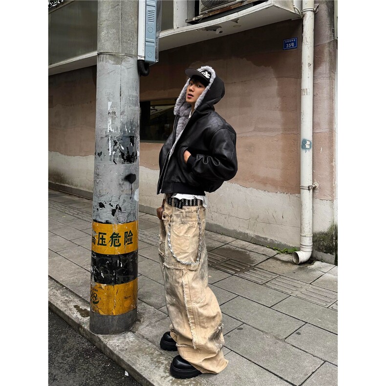 霜冻裂纹皮1500G仿水貂连帽座山雕PU皮外套高级感加绒棉服夹克潮,男装夹克,星座1210-1