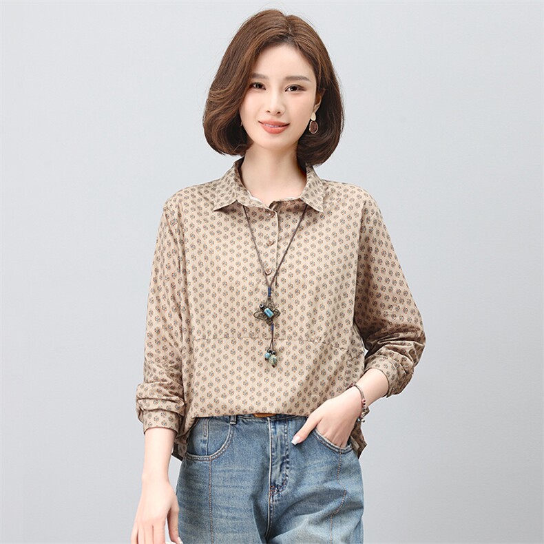 韩版纯棉印花衬衫女春秋2025新款洋气宽松妈妈装衬衣上衣薄款外套,女装衬衫,依恋蒂丝