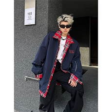 美式复古格子拼接翻领夹克男冬季潮牌宽松小众假两件棒球服外套，男装夹克，星座813-2
