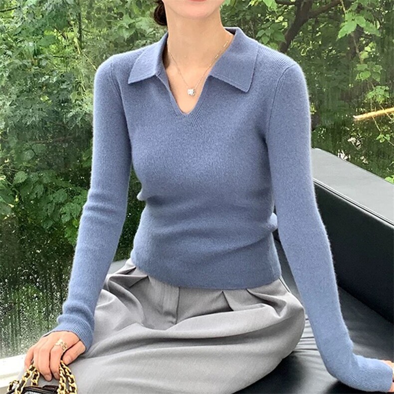 HE|简约气质baby山羊绒衫女半开领针织衫修身毛衣polo领毛衣,针织衫/毛衣,泰沅羊绒