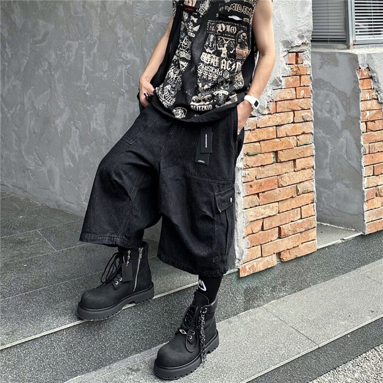 美式高街多口袋黑色七分裤男vibe宽松痞帅阔腿牛仔短裤LF6211-p47,男装牛仔裤,星座1008