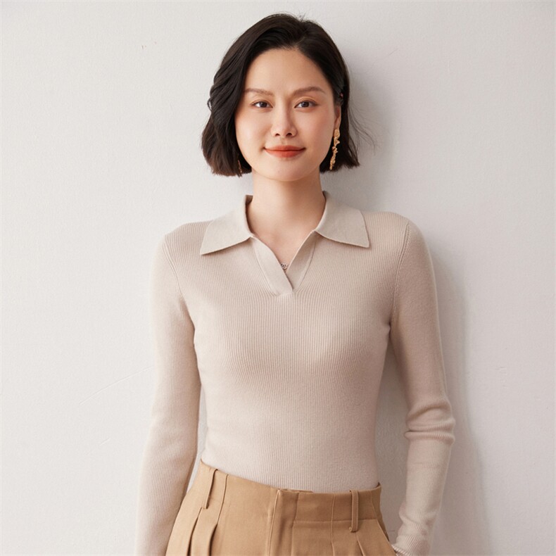 秋冬新款洋气时尚百搭显瘦女款POLO领35%山羊绒衫,女装羊绒衫,艾巧羊绒