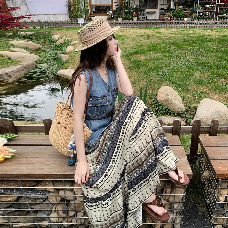 2026夏季显瘦气质牛仔马甲印花半身裙套装裙超好看穿搭一整套,女装套装/套裙,冬木谷雨