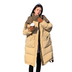 韩版中长款拼色连帽羽绒服女2025冬季新款加厚显瘦减龄白鸭绒外套图片
