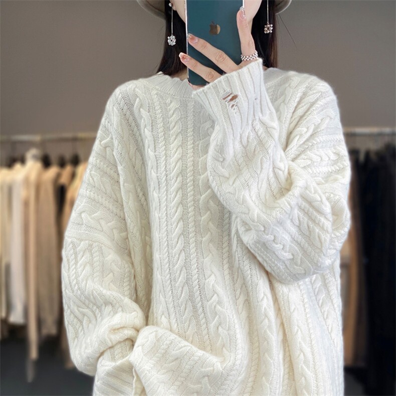 重磅加厚扭花圆领100%纯羊毛衫女23秋冬慵懒风宽松羊绒针织衫毛衣,针织衫/毛衣,艾驰羊绒