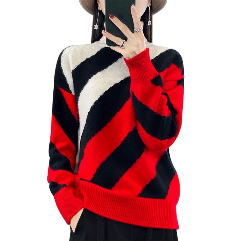 高领毛衣女2024秋冬新款女装内搭洋气条纹打底衫休闲,女装羊毛衫,蒙特羊绒