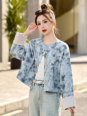 新中式国风提花外套女2025春季新款水墨画唐装年轻款短款开衫上衣，女装短外套，伊仟回