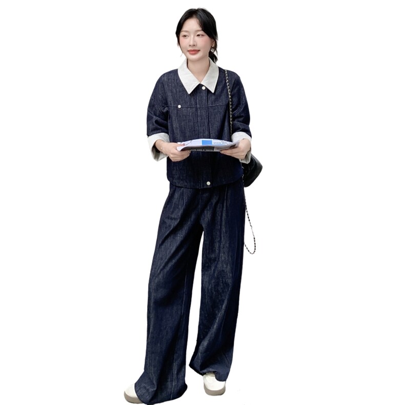 蓝色甜酷撞色小外套阔腿裤套装两件套女2025早秋季高级感时尚穿搭,女装套装/套裙,2C236