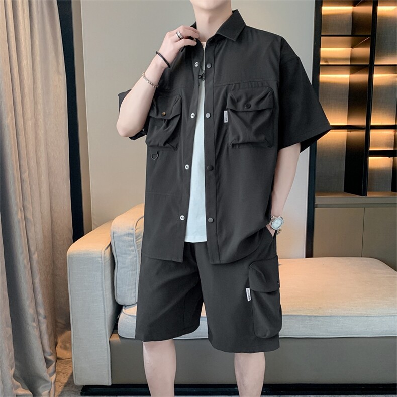 夏季短袖衬衫套装男女美式复古工装潮牌帅气两件套无性别穿搭衬衣,男装休闲套装,电商A409-1