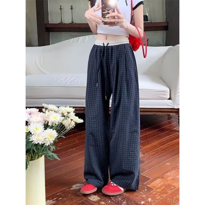 美式慵懒松弛感格子裤女春秋薄款休闲遛弯裤宽松垂感直筒阔腿裤，男装休闲裤，四季星座505