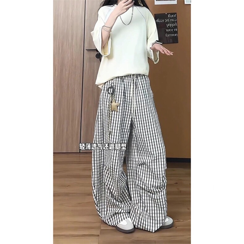 网图有货夏季星星挂饰蓝色格子慵懒休闲垂感直筒裤男女A676-P45,男装休闲裤,星座1505