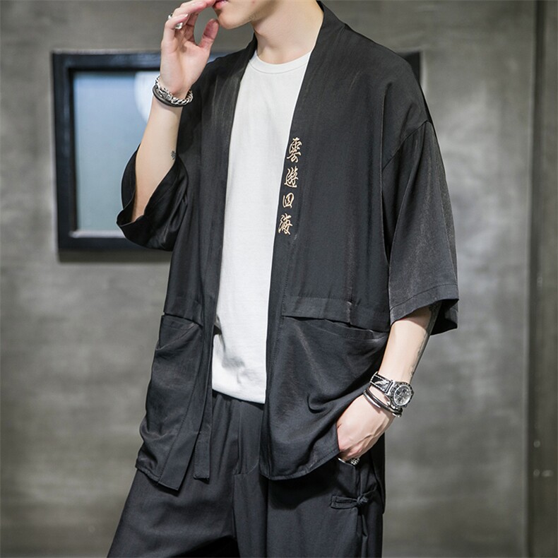 中国风七分袖薄冰丝防晒衣服开衫男刺绣夹克4003-1-JK02P55控78,男装夹克,电商A005