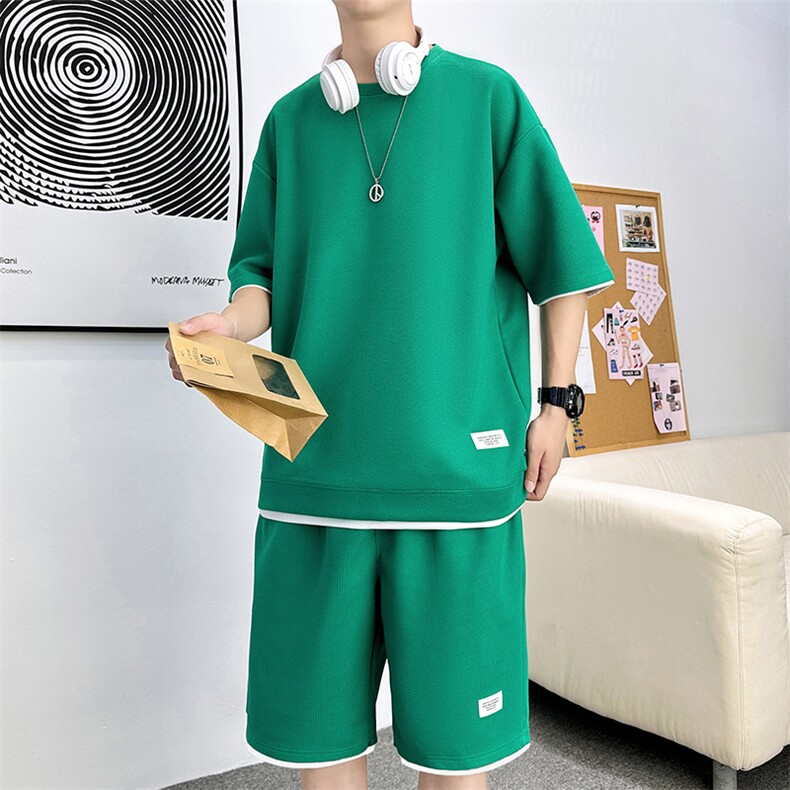 新款休闲华夫格短袖套装,男装休闲套装,星座1106-2（原1111B）