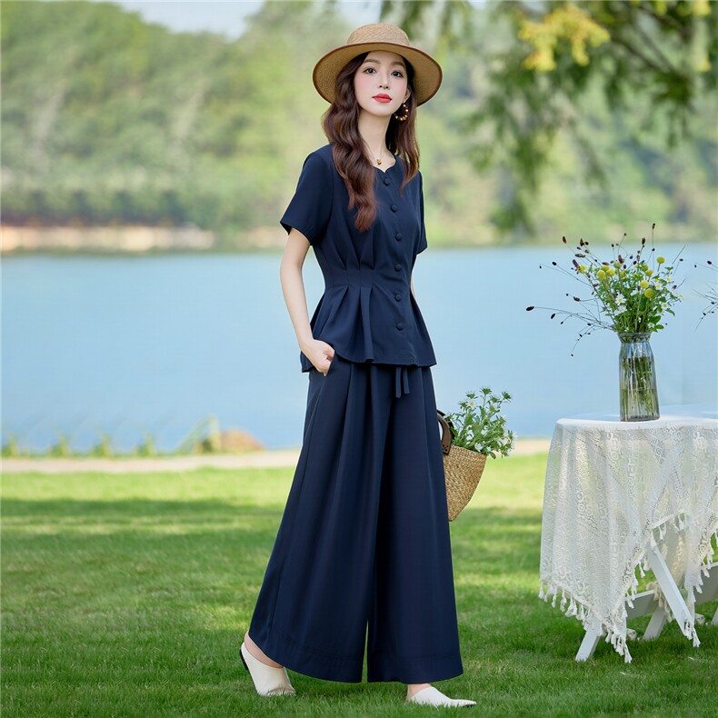 棉麻休闲套装女2026夏装新款时尚洋气收腰显瘦阔腿裙裤两件套,女装套装/套裙,水衣源
