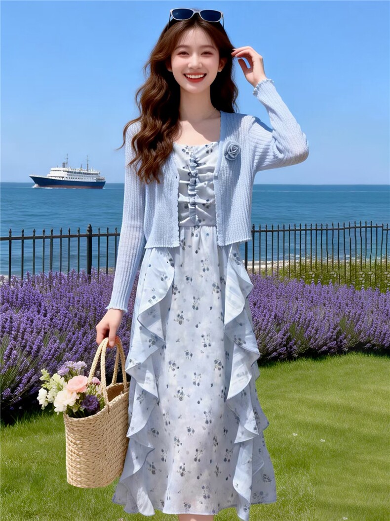 2026年夏季长袖针织开衫+吊带碎花连衣裙女度假风两件套裙,女装套装/套裙,贝蕾酷儿