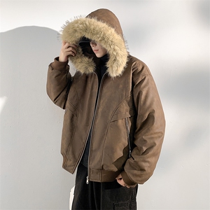 现货 扎染PU皮棉服男冬季加厚连帽棉衣座山雕大毛领外套M090-P120图片