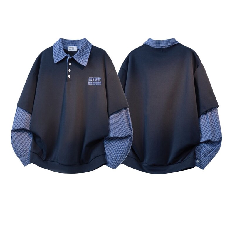 【高质量】假两件格纹拼接翻领卫衣学院风情侣Polo上衣W189-P66,男装卫衣,电商B245