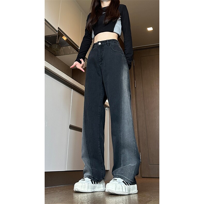 现货黑紫色拼接宽松阔腿直筒撞色休闲牛仔裤男女K5820-P50控78,男装牛仔裤,星座205