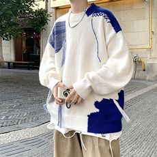 现货秋冬季慵懒针织衫oversize上衣破坏感拼色毛衣男M924-P50，男装针织衫/毛衣，星座512-2