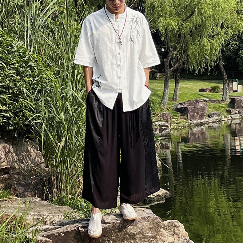 新中式风男女同款24夏竹叶刺绣立领盘扣衬衫MT2308-P65-控78,男装衬衫,电商A021