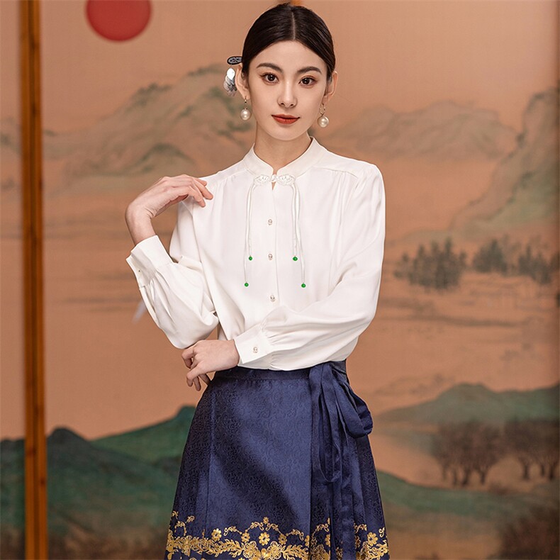 芷墨复古新中式复古大小姐马面裙套装显瘦通勤百搭衬衫裙子两件装,女装衬衫,芷墨服饰