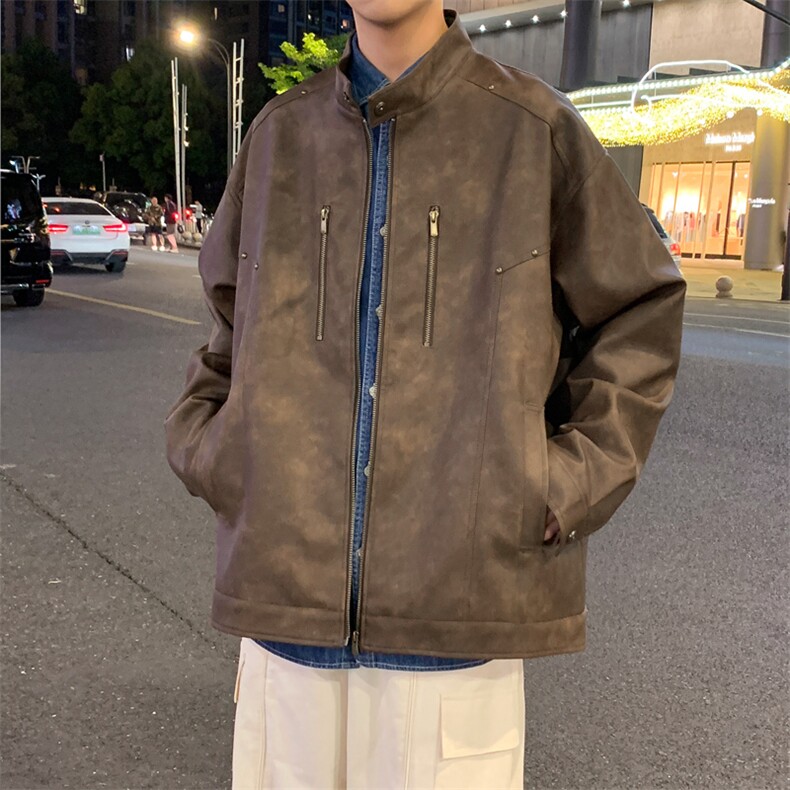 立领机车外套男春秋美式痞帅青年铆钉复古做旧皮夹克JK0193-P88,男装夹克,星座308B-2