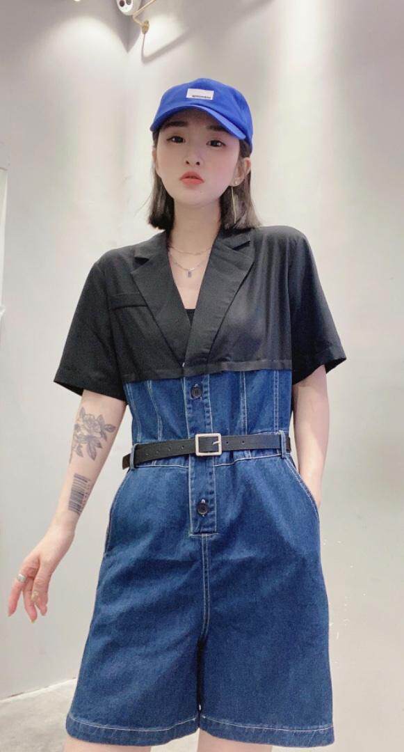 牛仔拼接连体裤，女装连体裤，主合