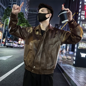 皮衣外套男翻领纯色宽松休闲皮夹克  P810-P148图片
