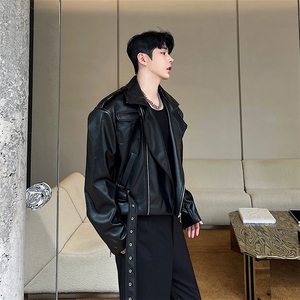 小众设计师复古翻领拉链机车短款皮衣外套W2380图片