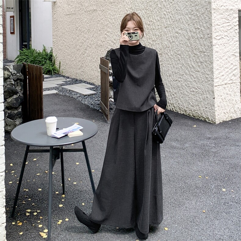 轻熟风韩系灰色背心套装女秋季2025新款气质显瘦阔腿裤打底三件套,女装套装/套裙,2C203