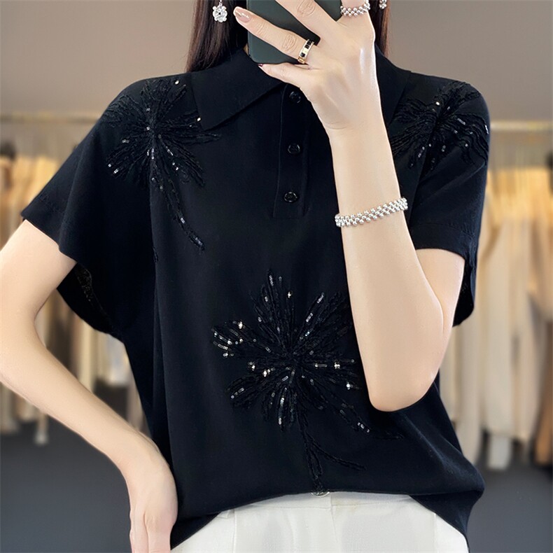 polo领天丝针织短袖女夏季新款纯色绣片提花背心百搭显瘦上衣t恤,女装T恤,暖烁羊绒