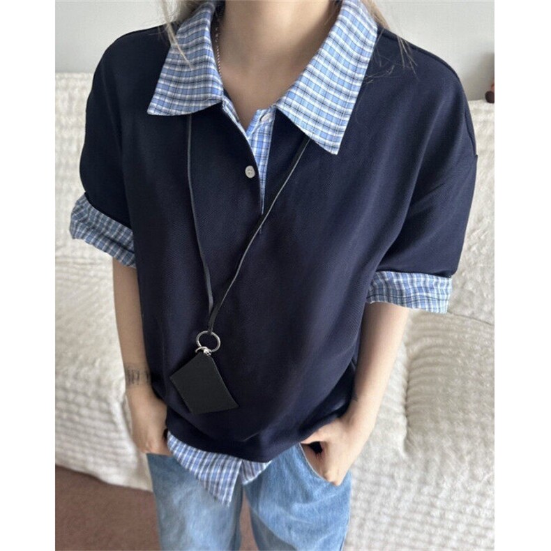 美式假两件短袖T恤男款夏季格纹宽松半袖POLO领上衣 T64图片