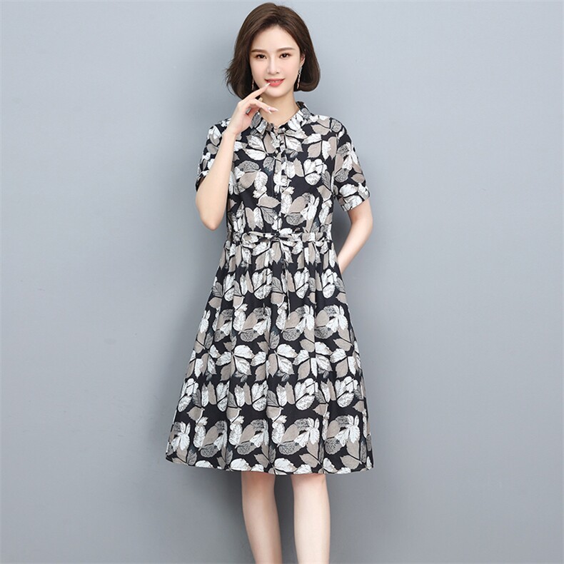 2022夏季舒适优雅气质新款印花收腰显瘦休闲连衣裙,女装连衣裙,忆绮罗