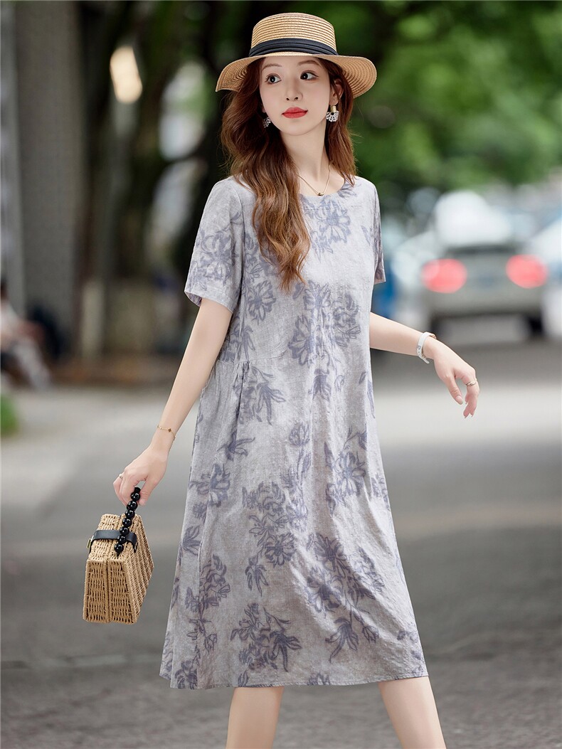 时尚圆领碎花棉麻连衣裙女2025夏季新款韩版宽松遮肚显瘦休闲裙子,女装连衣裙,鑫思依格