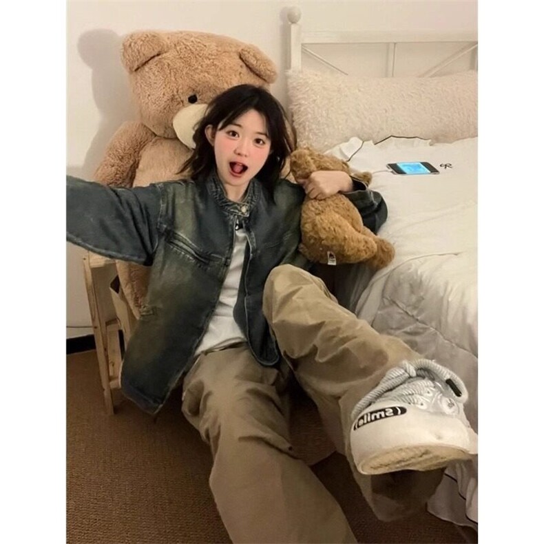 Q58/P65大码美式水洗做旧牛仔外套女春宽松显瘦拉链夹克上衣潮,男装工装外套,星座1506