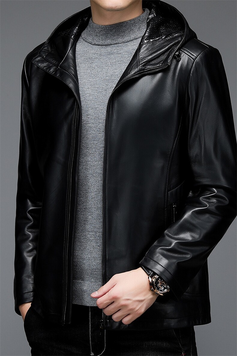 秋季新款男士绵羊皮皮衣爸爸装中老年连帽外套男ALXB913-P730，男装皮衣，电商B212（原钱塘6029）