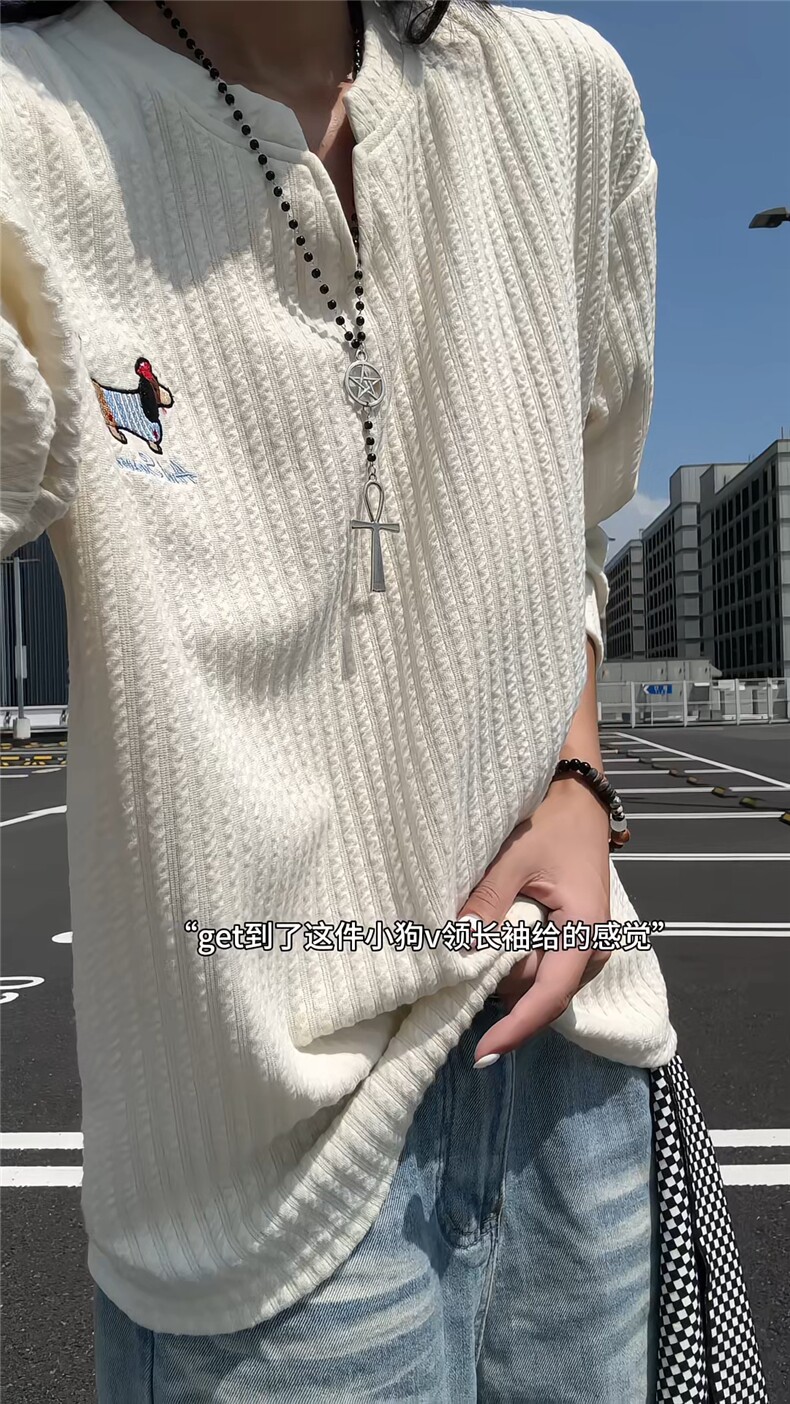 XZ809A/SYR07/特P19/控38肌理感腊肠狗绣花V领长T恤卫衣,男装T恤,星座809A(原222-1)
