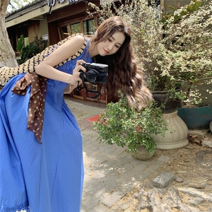 减龄休闲蓝色无袖背心连衣裙女夏季2025新款显瘦木耳边拼接长裙潮图片