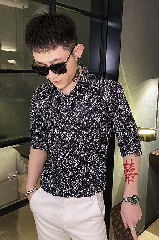 312A-104-P55新款社会小伙中袖衬衫韩版潮流男士五分袖衬衣B,男装T恤,星座312A-5