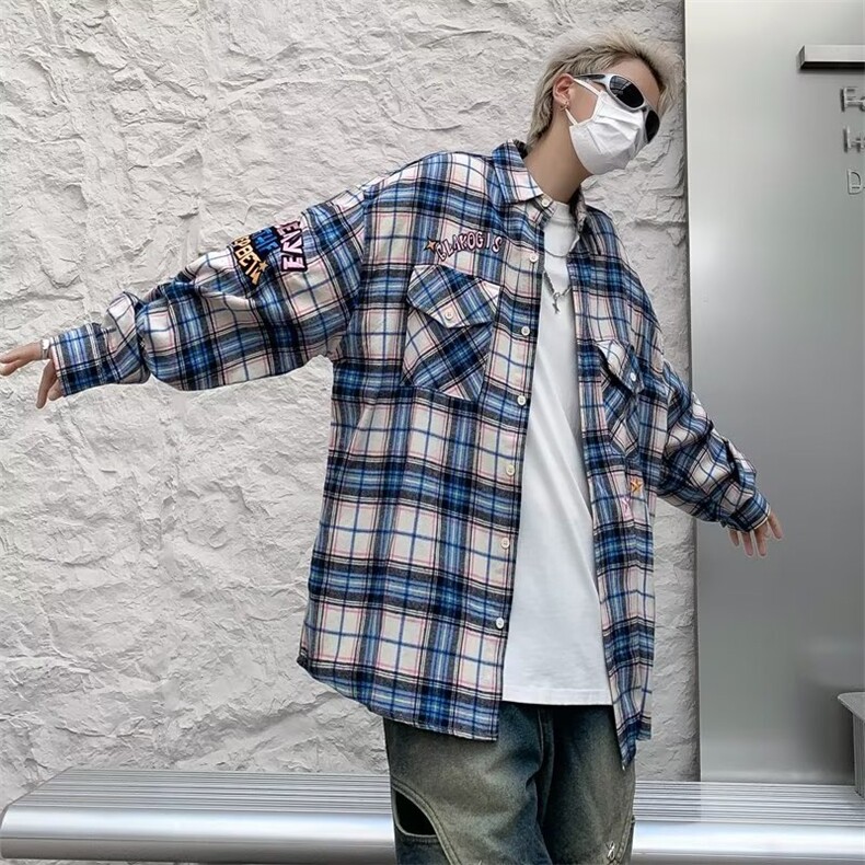 春秋薄款格子衬衫男女长袖设计感小众翻领情侣衬衣宽松外套-C1101,男装衬衫,星座601-2