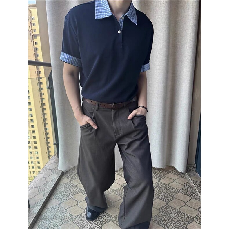 得物抖音高品质二开夏季美式潮牌高街假两件格子衬衣翻领短袖T恤,男装T恤,电商A486