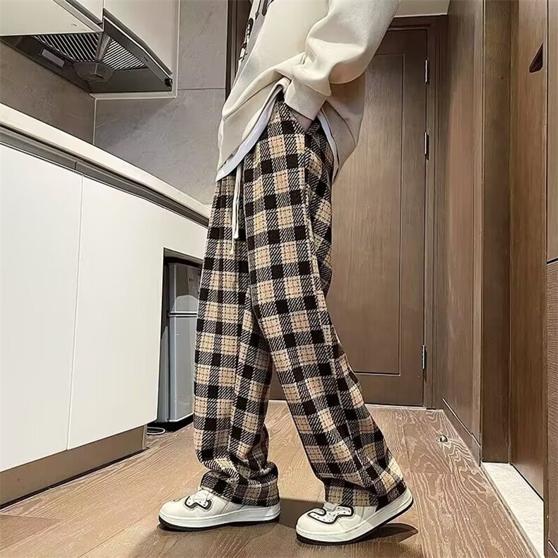 美式复古法格子裤男春秋潮牌绿色小香风裤子直筒休闲长裤,男装休闲裤,星座1013