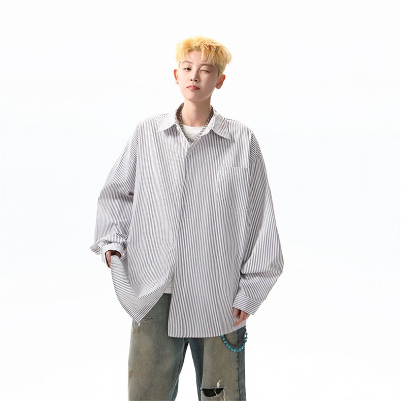 春夏条纹衬衫男长袖薄款痞帅高级感宽松慵懒风大码衬衣CS29003P45,男装衬衫,电商B312