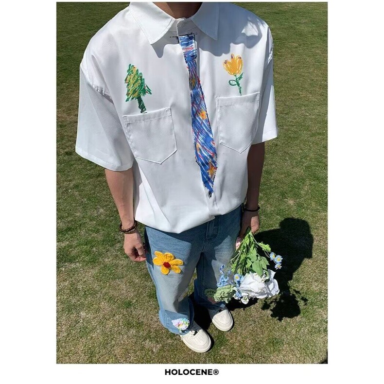 网图现货美式宽松手绘涂鸦学院风短袖衬衫CS553/P32,男装T恤,星座205-3