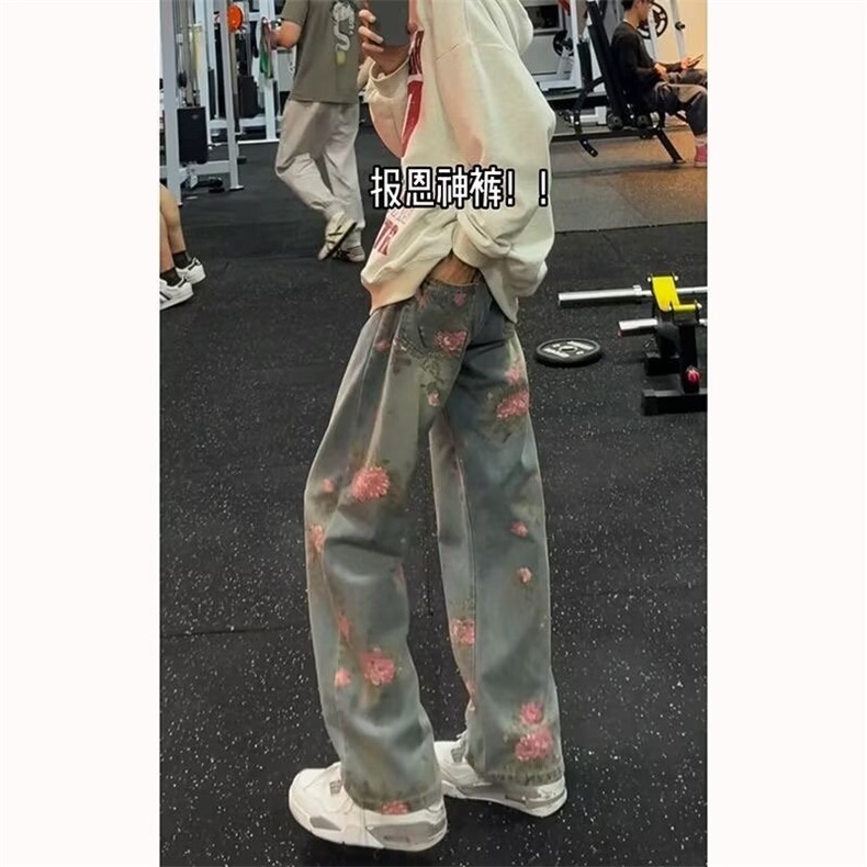 牡丹提花牛仔裤男春秋小众水洗休闲裤子cleanfit直筒微喇裤图片