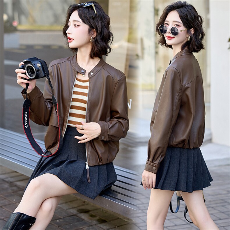 时尚立领小款皮衣外套女2025春秋新款宽松休闲气质短款皮夹克上衣，女装皮衣，魅丽静蓝