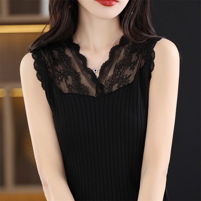 2024秋季新款蕾丝花边短袖女垂感冰丝时尚百搭，女装背心吊带，千御纺羊绒