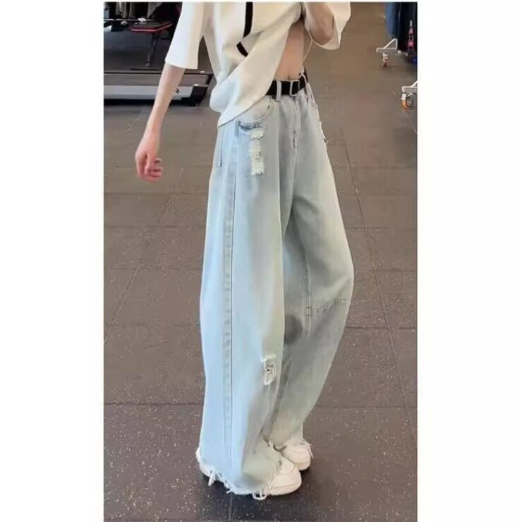 蓝色毛边破洞牛仔裤男夏季美式潮牌高腰提档长裤子直筒阔腿微喇裤，男装牛仔裤，星座208-5