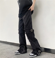 美式复古绑带裤脚拉链牛仔裤男女高街潮牌直筒宽松阔BK50-P83，男装牛仔裤，星座1109-3